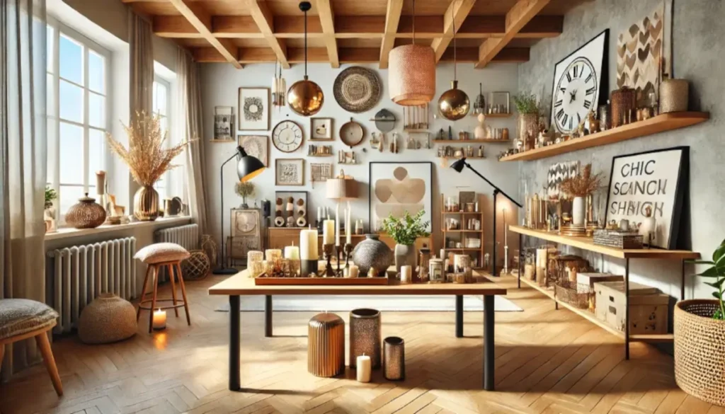 Showroom Déco-Trouvailles : Ambiance chaleureuse avec table centrale, entouré d'étagères remplies d'objets design, de style industriel et ethnique sur un parquet ciré.