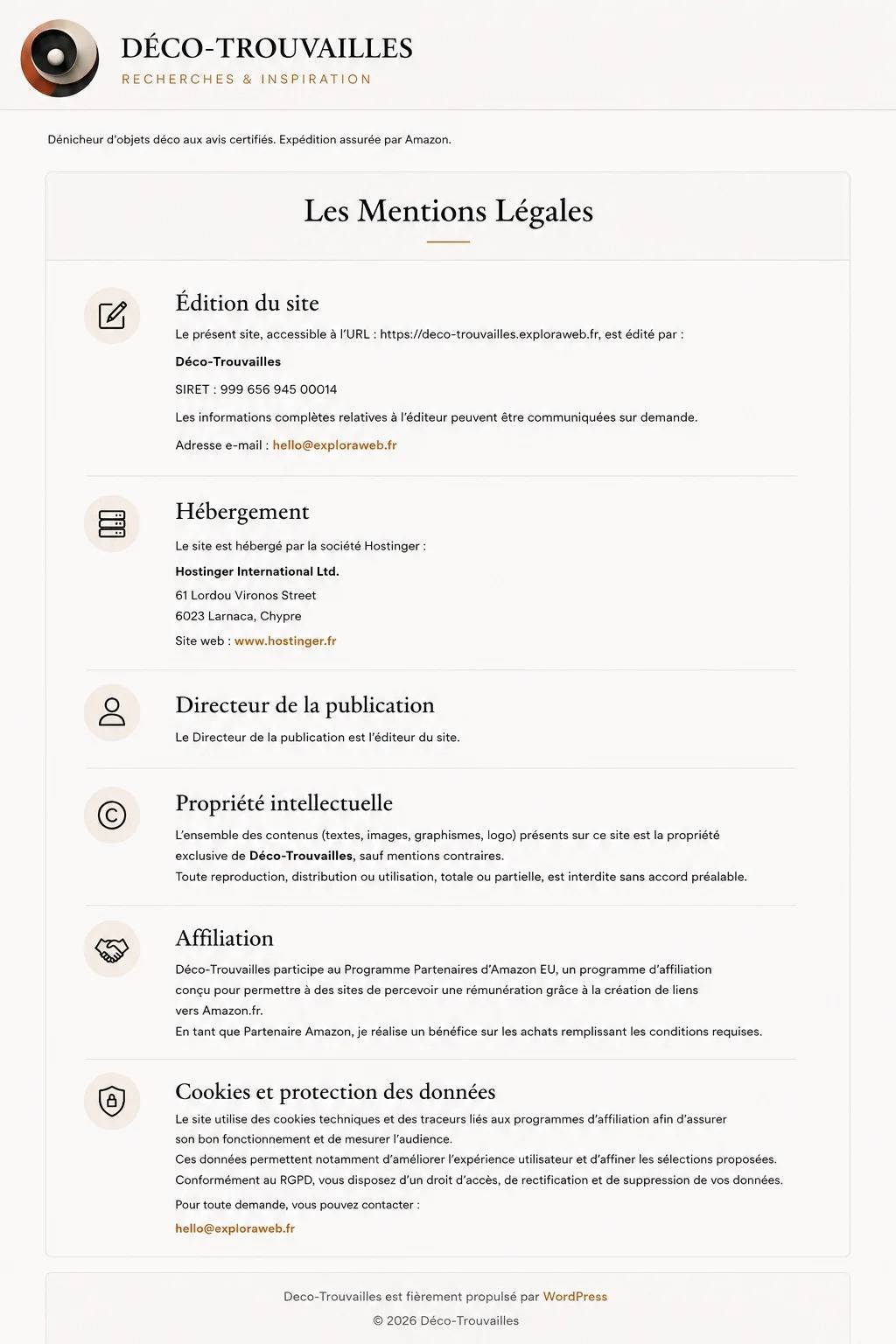 Infographie complète des mentions légales Déco-Trouvailles incluant l'édition, l'hébergement Hostinger et la clause d'affiliation Amazon.
