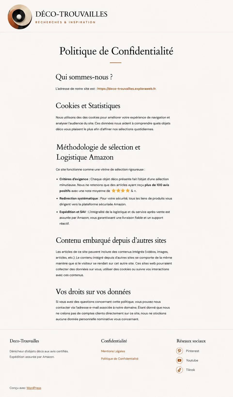 Politique de confidentialité Déco-Trouvailles : protection des données et logistique Amazon.