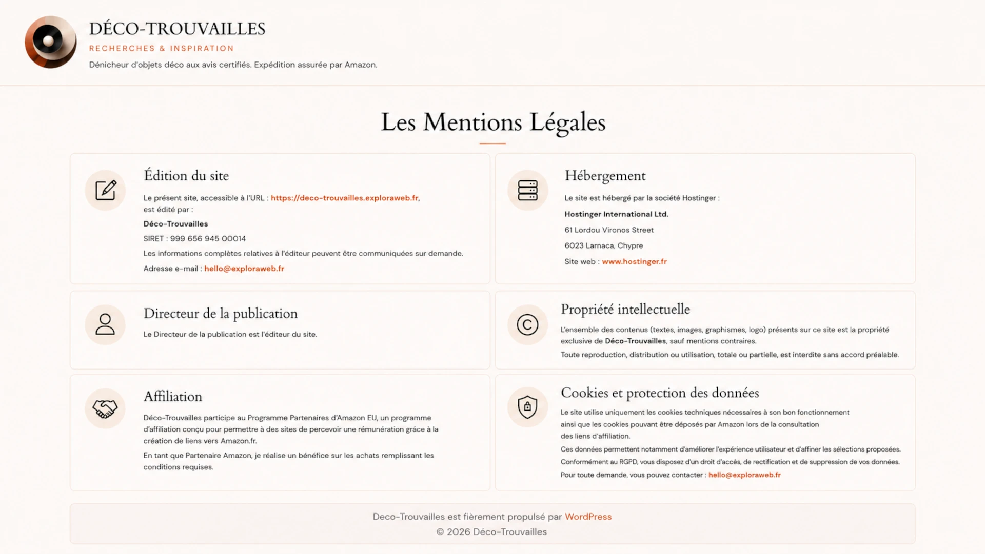 Infographie complète des mentions légales Déco-Trouvailles incluant l'édition, l'hébergement Hostinger et la clause d'affiliation Amazon.