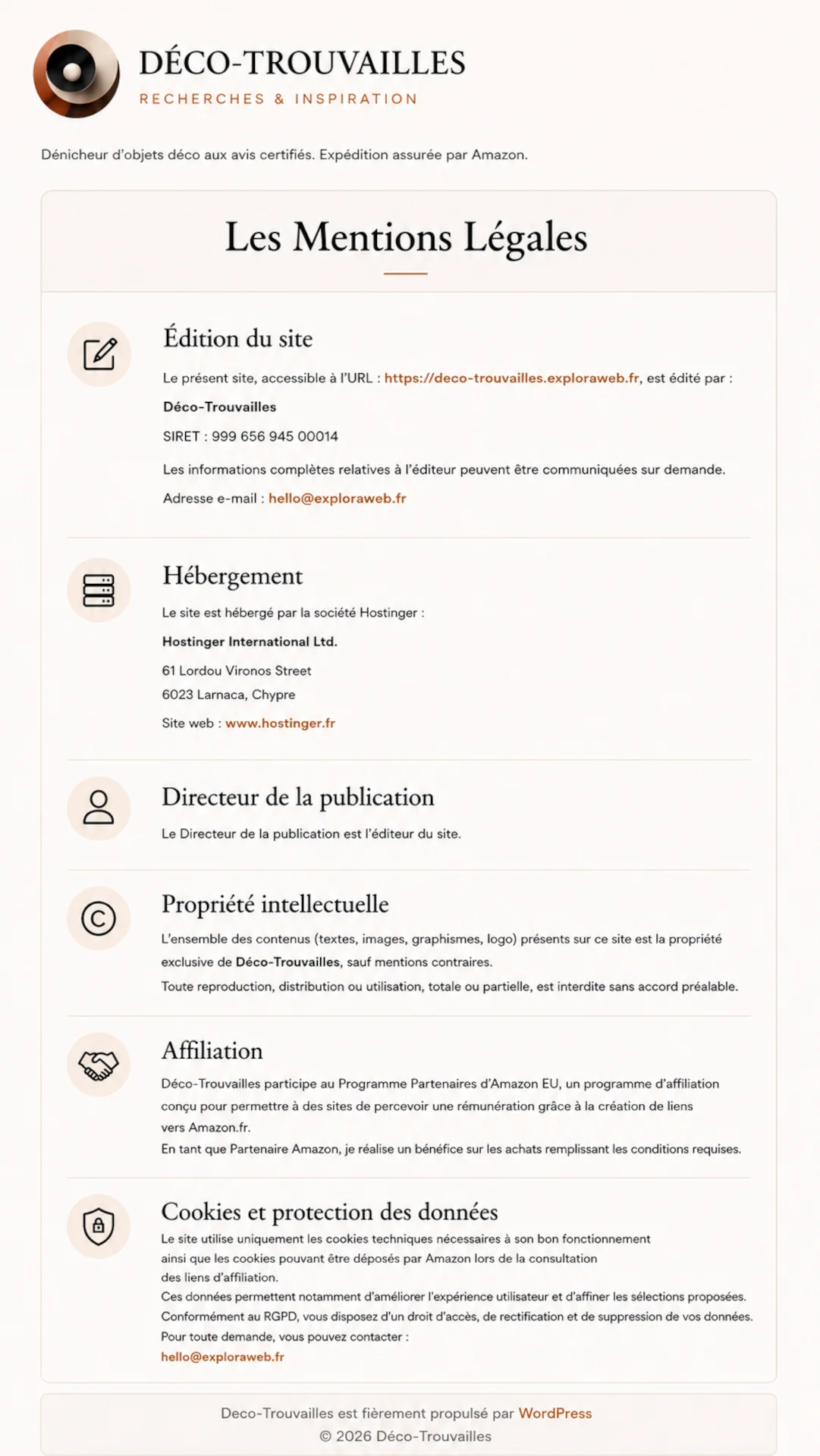 Infographie complète des mentions légales Déco-Trouvailles incluant l'édition, l'hébergement Hostinger et la clause d'affiliation Amazon.