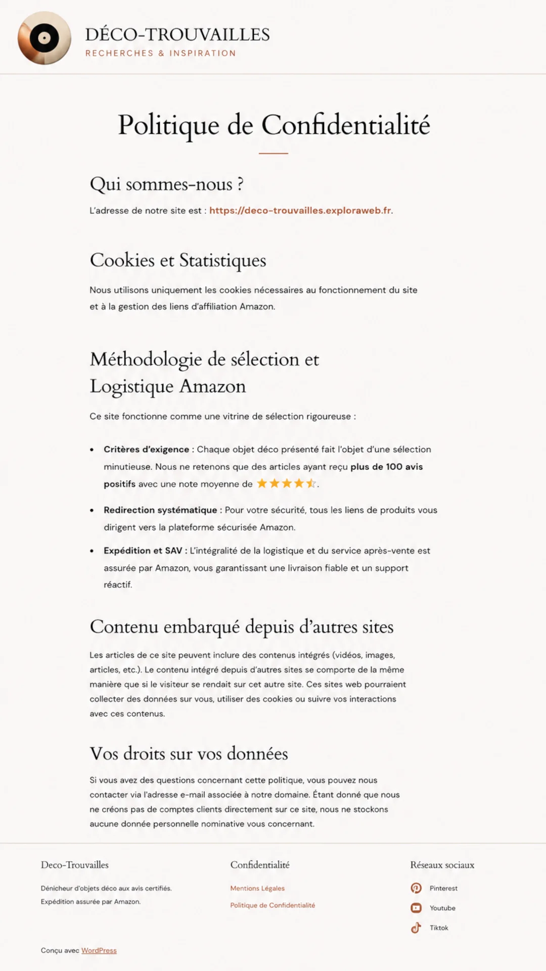 Politique de confidentialité Déco-Trouvailles : protection des données et logistique Amazon.