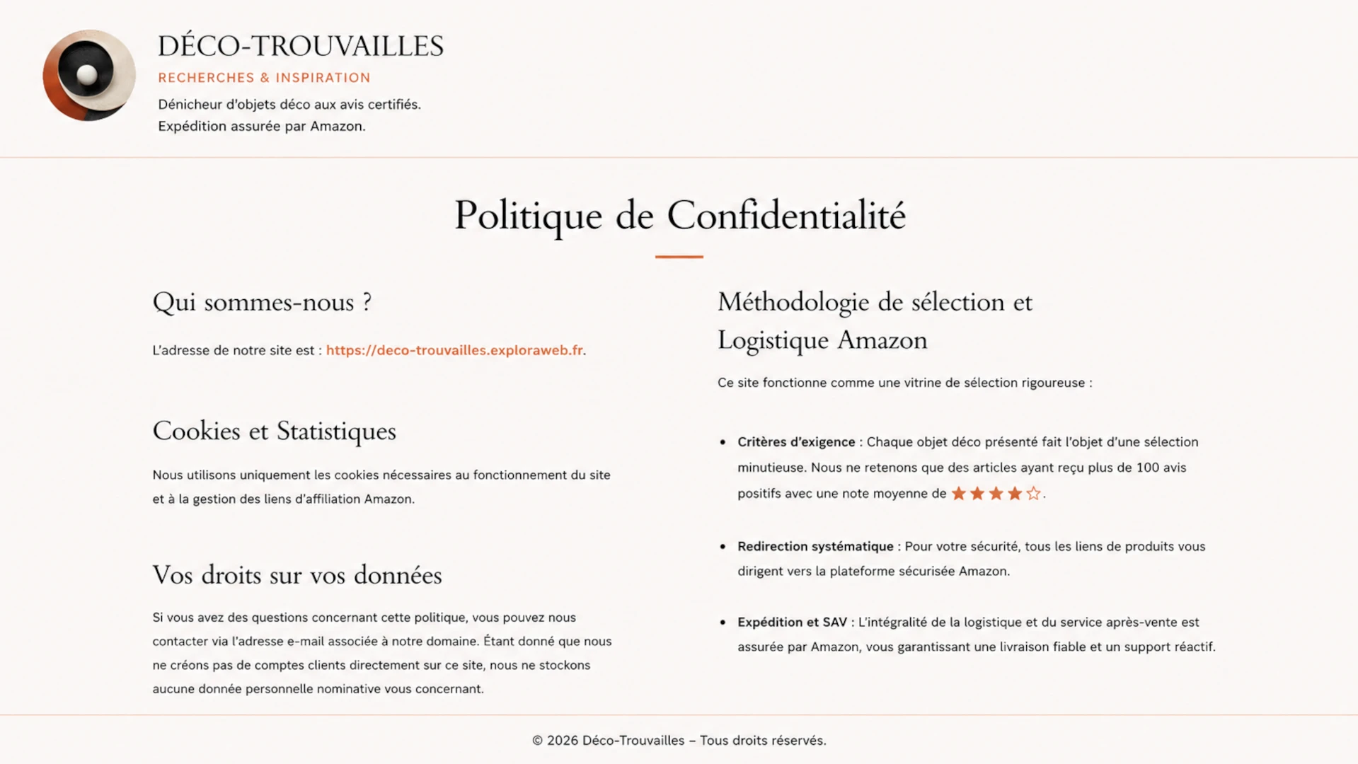 Politique de confidentialité Déco-Trouvailles : protection des données et logistique Amazon.