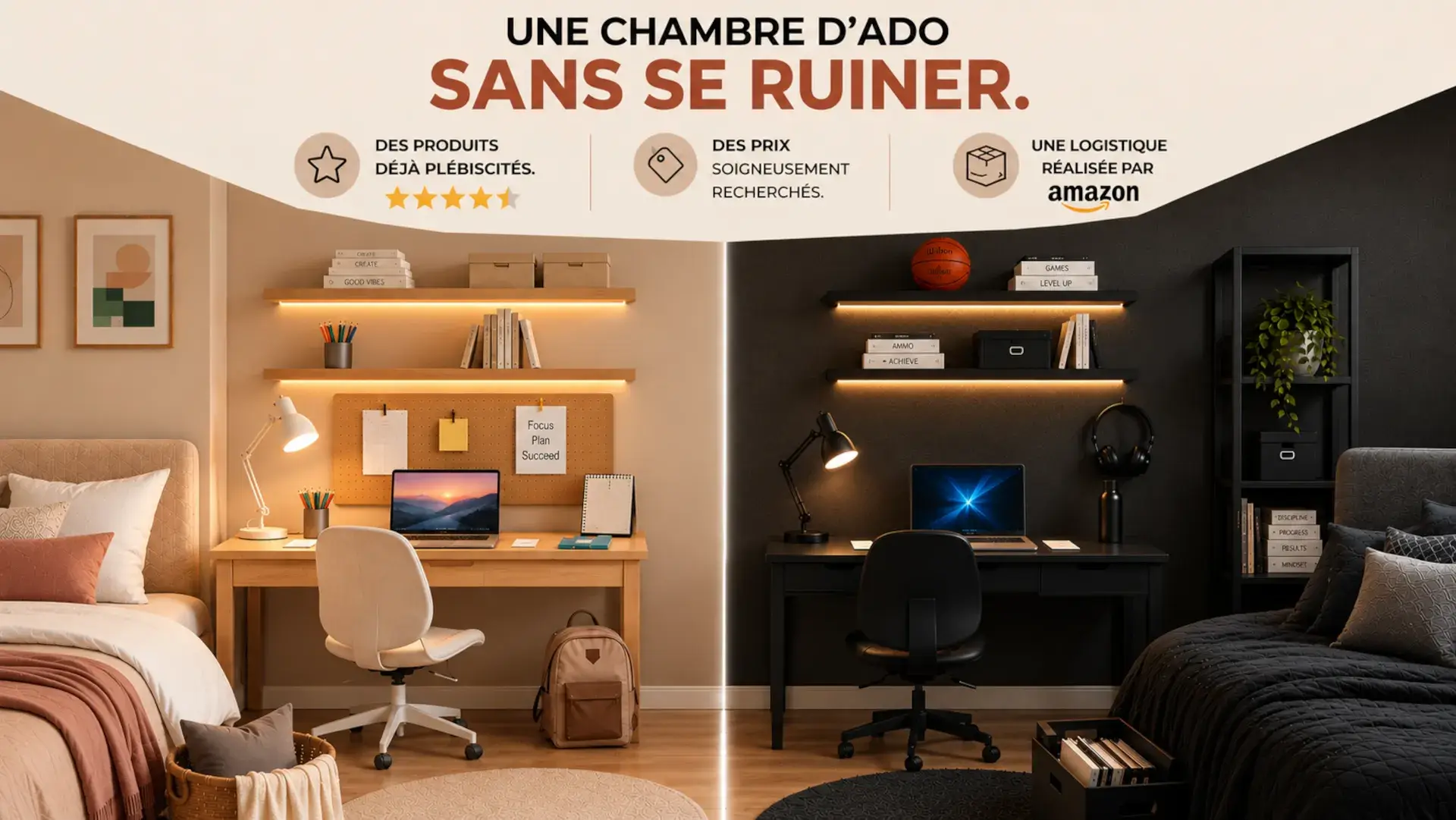 Deux chambres d'adolescent aux styles différents, l'une beige et chaleureuse, l'autre noire et graphique, avec bureau, chaise, lampe, étagères, tableau d'affichage, fournitures et rangements pour créer un espace de travail fonctionnel pour la rentrée