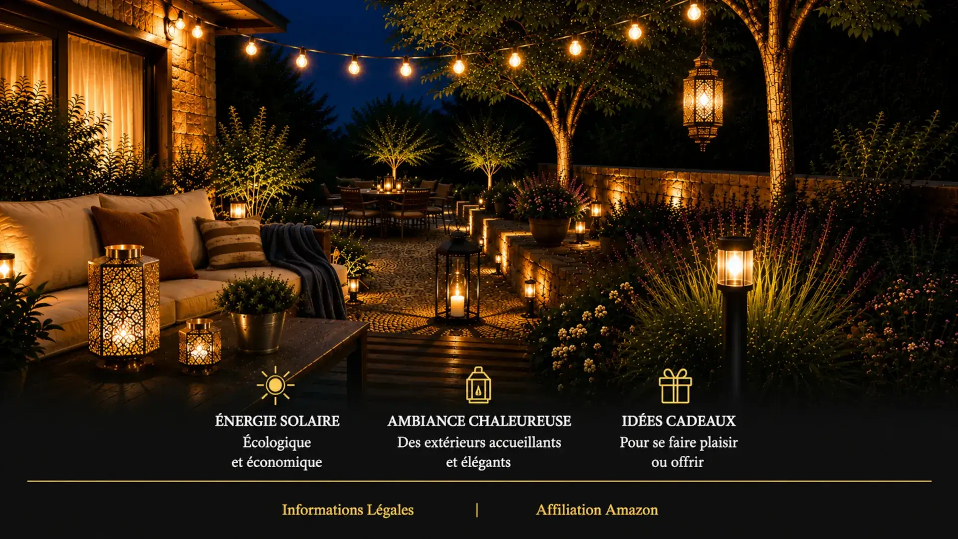 Terrasse de nuit illuminée par une sélection de lampes, photophores et guirlandes solaires autonomes.