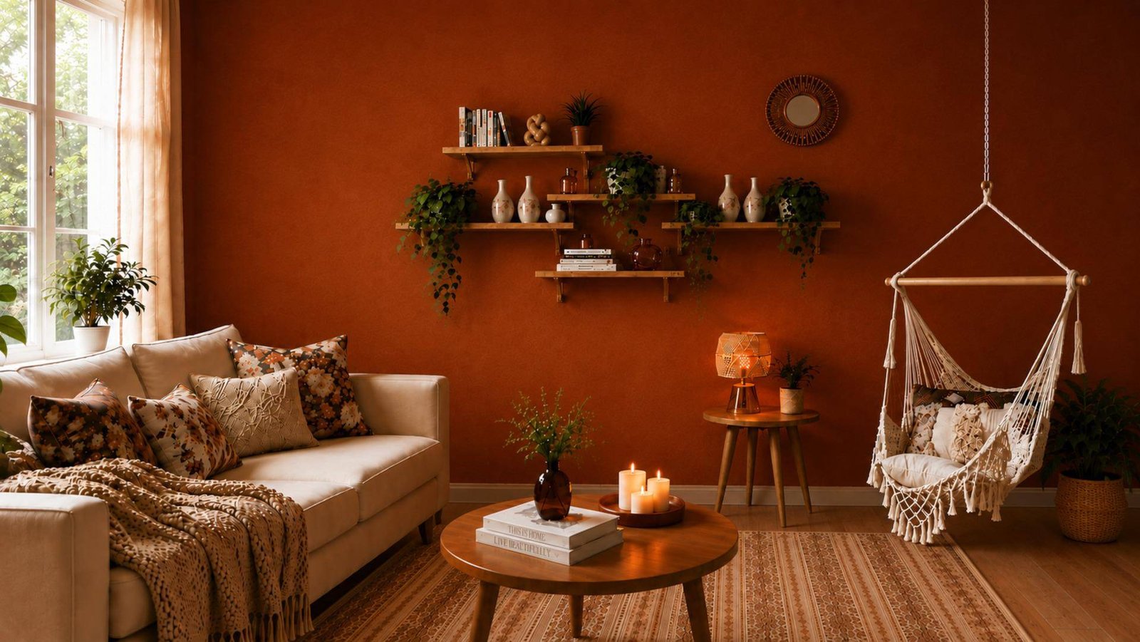 Décoration d'intérieur style bohème cosy avec fauteuil suspendu en macramé et étagères murales décoratives.