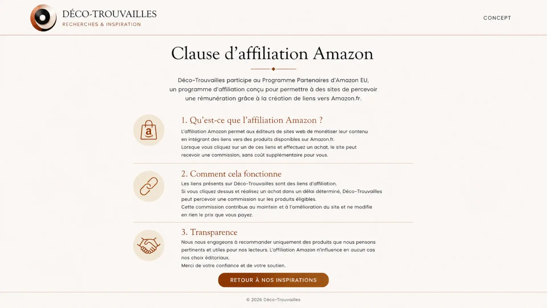 Infographie textuelle détaillant le fonctionnement des liens affiliés Amazon et les engagements de transparence du site