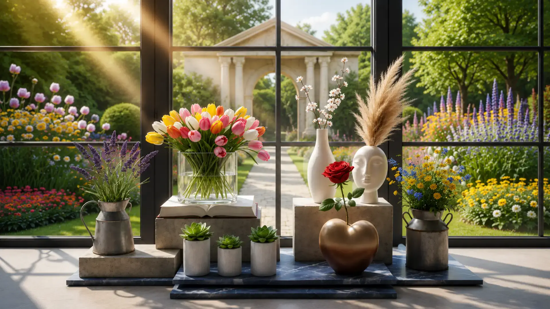 Vases en cristal, céramique blanche et fer avec fleurs colorées devant une fenêtre