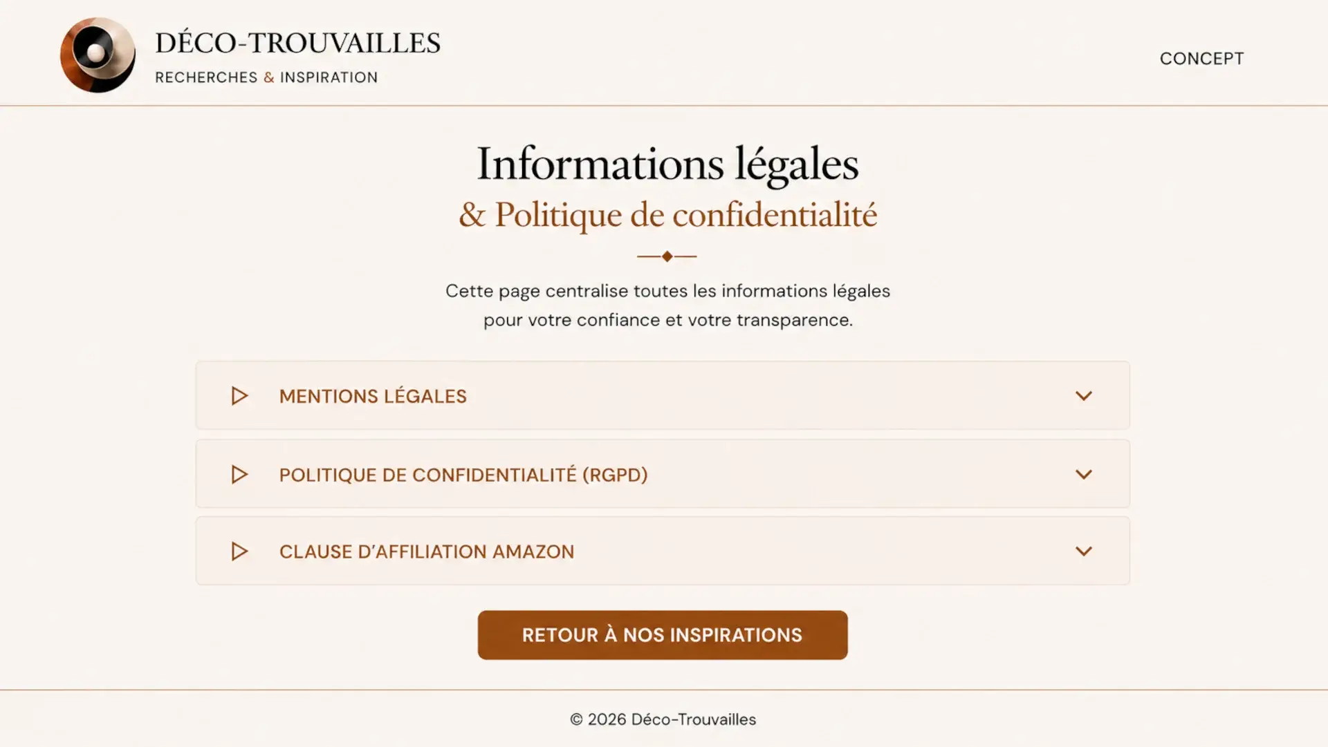 Interface des mentions légales et politiques de confidentialité avec sections d'accordéons pour la transparence utilisateur
