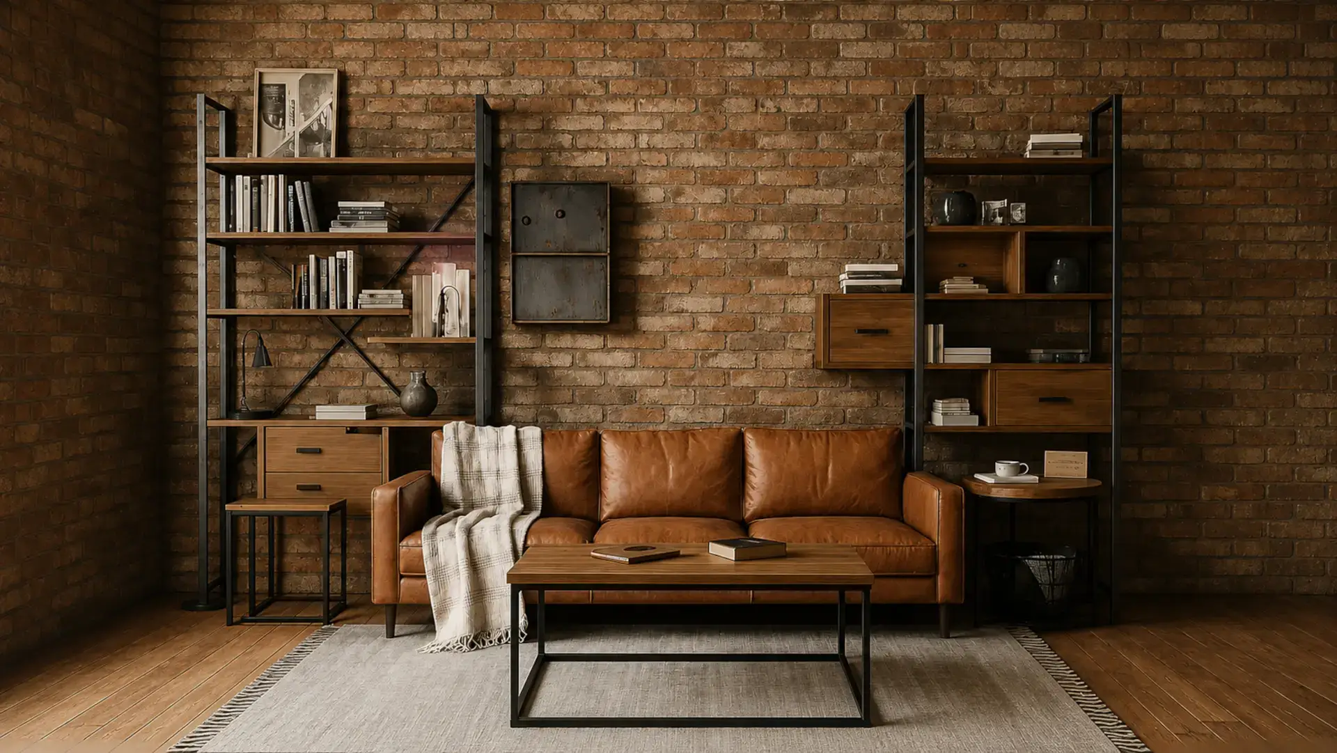 Intérieur de salon vintage type loft avec mur en briques, canapé en cuir capitonné et meubles industriels.