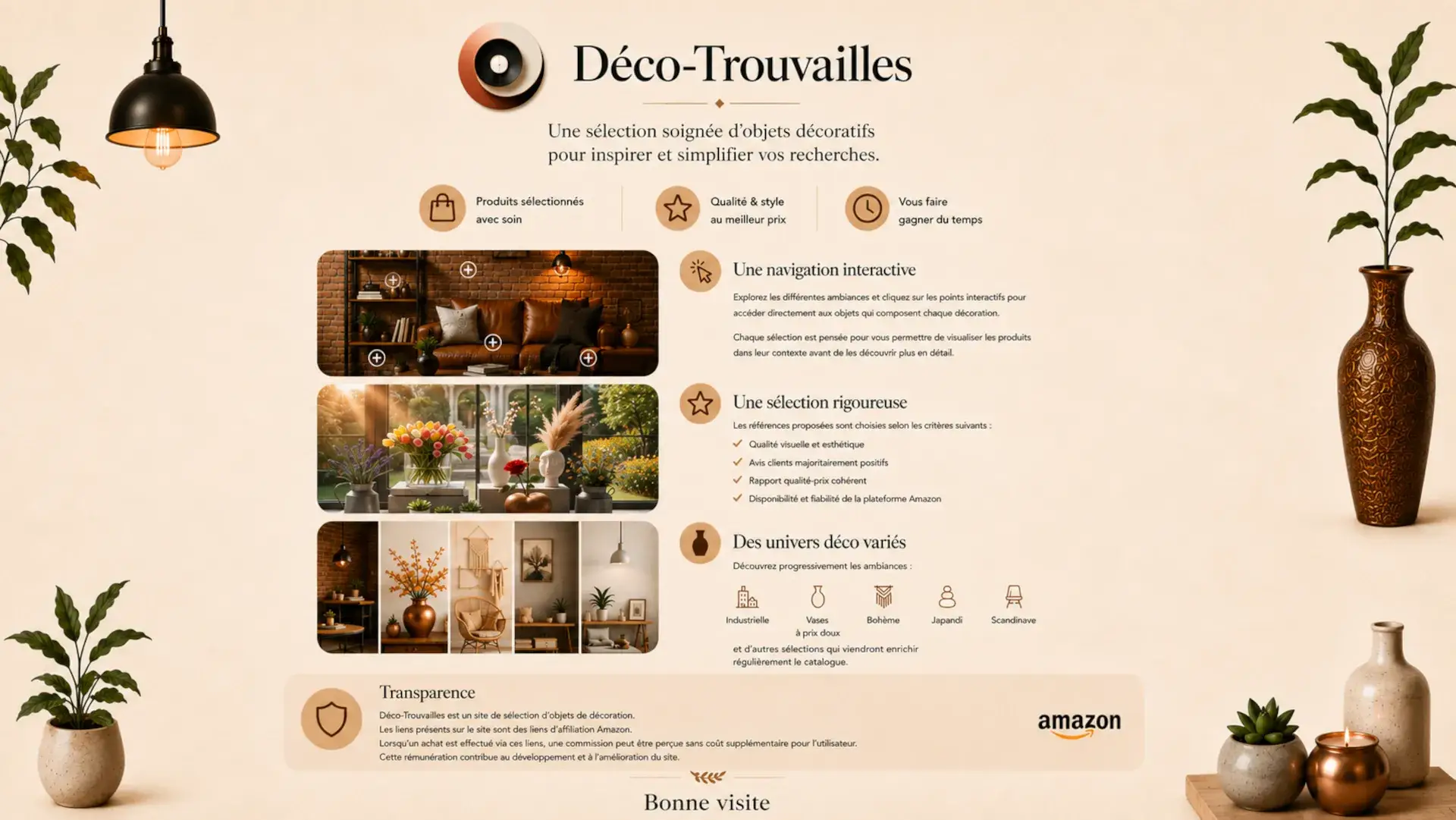 Charte éditoriale et manifeste de la marque Déco-Trouvailles expliquant la sélection d'objets déco et la transparence Amazon